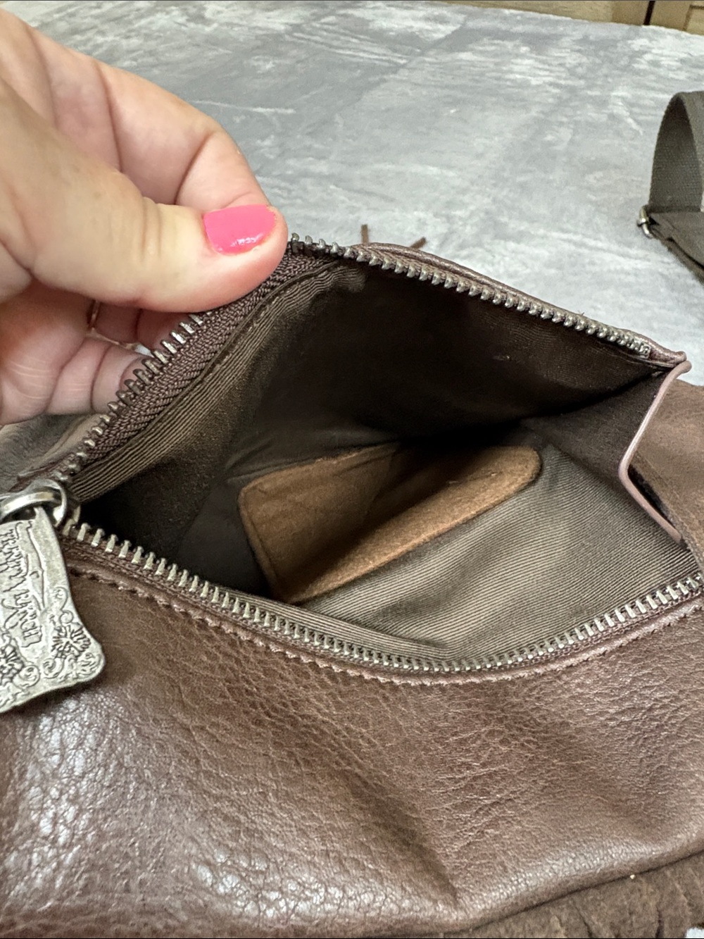 Brown Haircalf Crossbody with Tooled Leather with Conceal Weapon Pocket - Picture 7 of 7